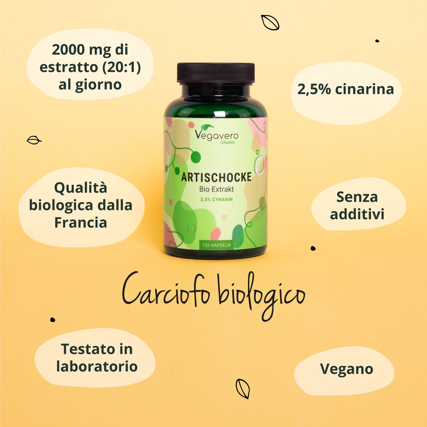 Grafica con informazioni sul prodotto. Testo: Carciofo biologico. 2,5% cinarina, vegano, testato in laboratorio, senza additivi.