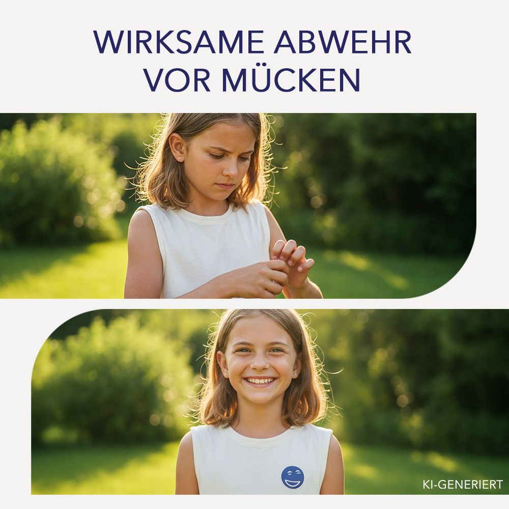 Mädchen kratzt sich am Arm, dann lächelnd mit Mückenpflaster auf dem T-Shirt.