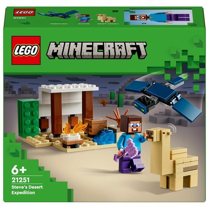LEGO Minecraft 21251, un set di costruzioni per bambini dai 6 anni in su. La confezione mostra un paesaggio desertico con Steve, un lama e un fantasma volante. Include una piccola capanna con fuoco e cactus.