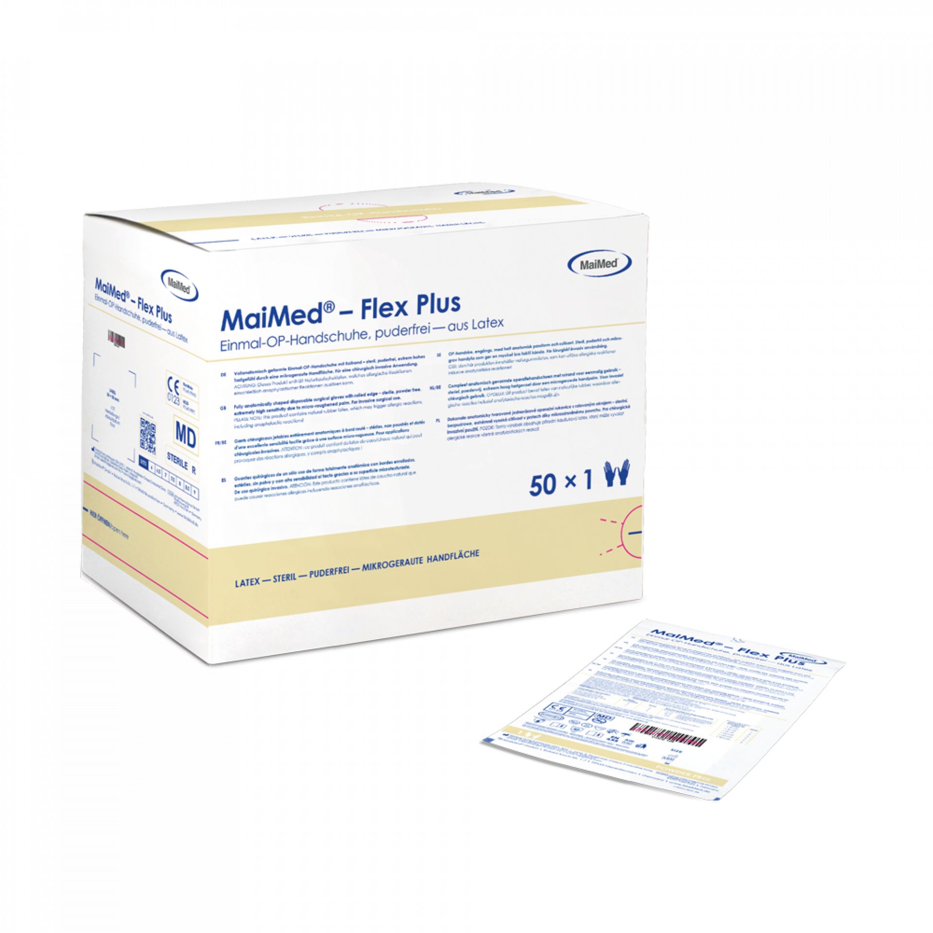 Verpackung von MaiMed® Flex Plus Einmal-OP-Handschuhen, puderfrei, aus Latex. 50 Paar.