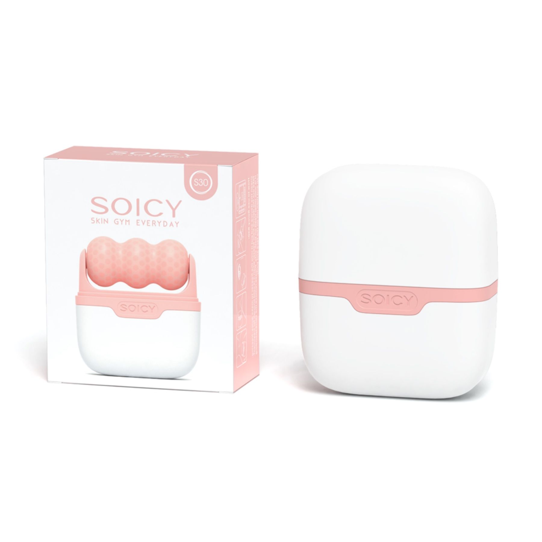 Verpackung mit rosa Ice-Roller. Weißer Karton, rosa Deckel. SOICY-Logo. Ice-Roller mit drei Kugeln.
