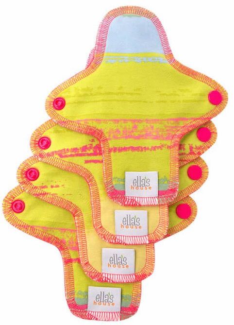 Vier gelbe Moon Pads mit pinkfarbenen Druckknöpfen und Saum. Auf jedem Pad ist das Label "ellas house" zu sehen.