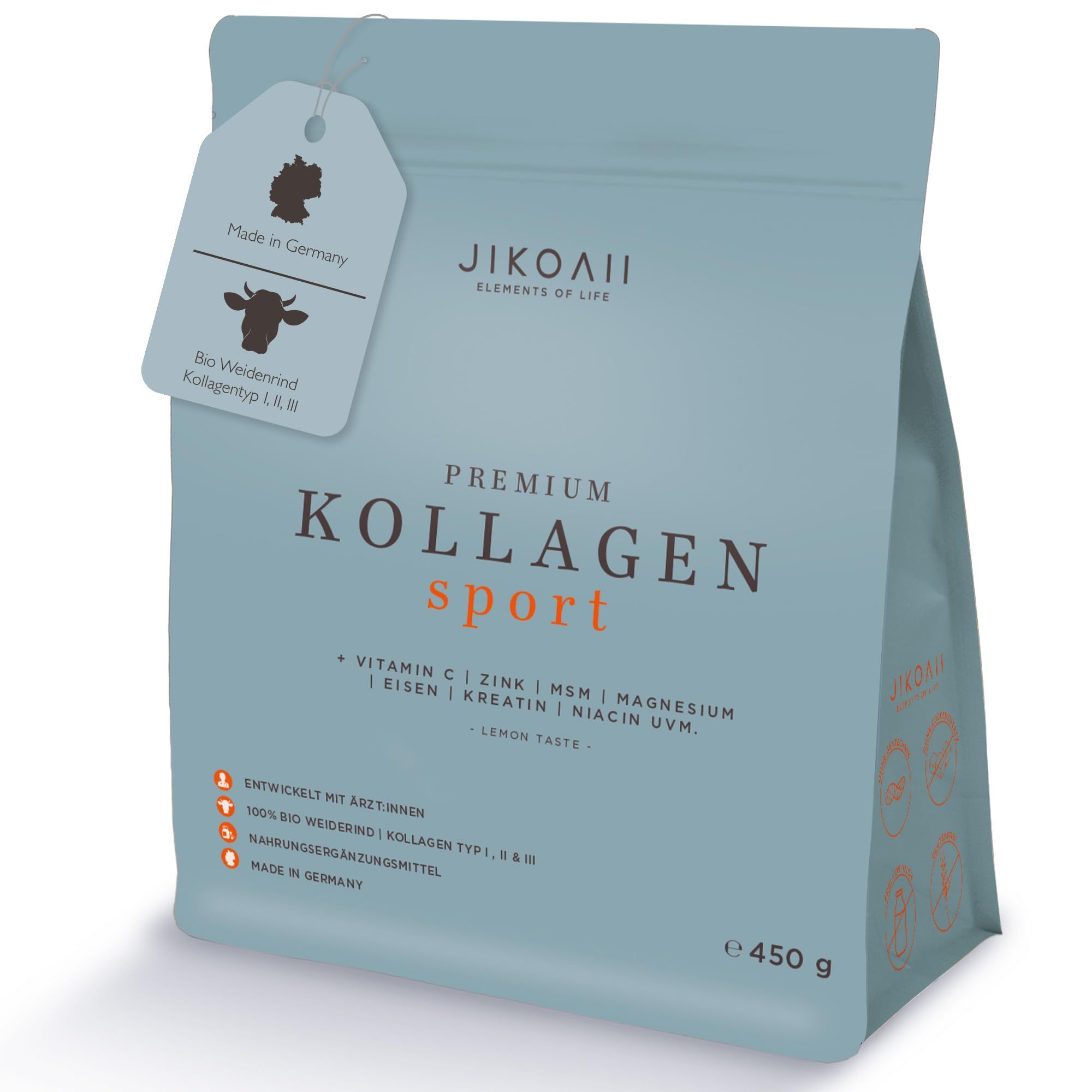 Hellblaue Tüte mit JIKOAII Kollagen SPORT. Aufschrift: Premium Kollagen Sport, Vitamin C, Zink, Magnesium, Eisen, Kreatin. 450 g.