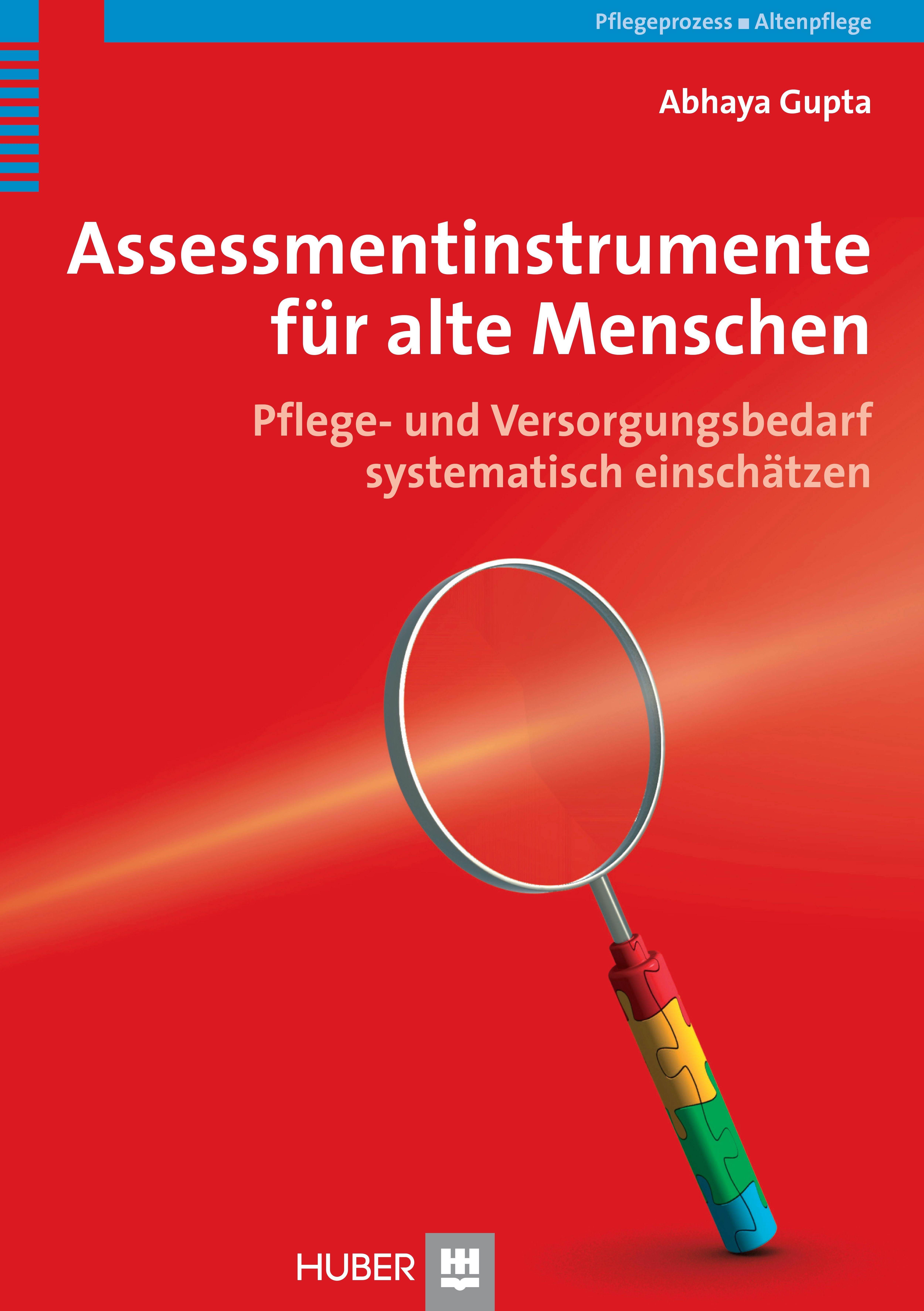 Buchcover: Assessmentinstrumente für alte Menschen. Titel, Autor, Lupe, roter Hintergrund. Verlag Huber.