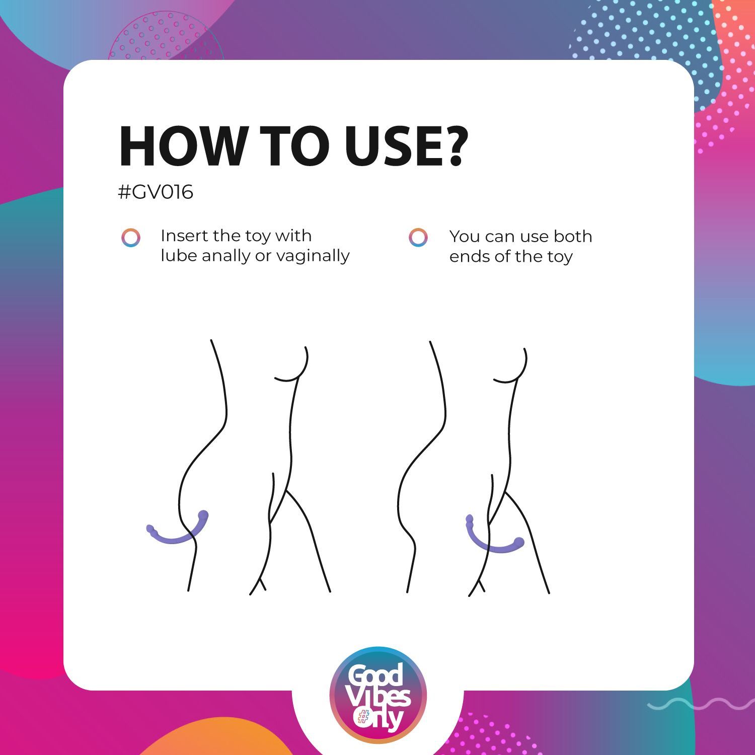 Infographie »HOW TO USE ?«. Illustrations de l'utilisation du produit de bien-être violet »Leah«. Logo »Good Vibes Only«.