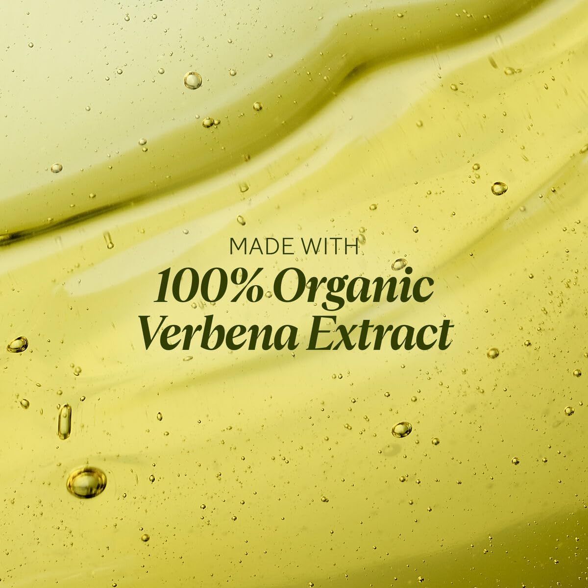 Text: "MADE WITH 100% Organic Verbena Extract" auf gelbem Hintergrund mit Blasen.
