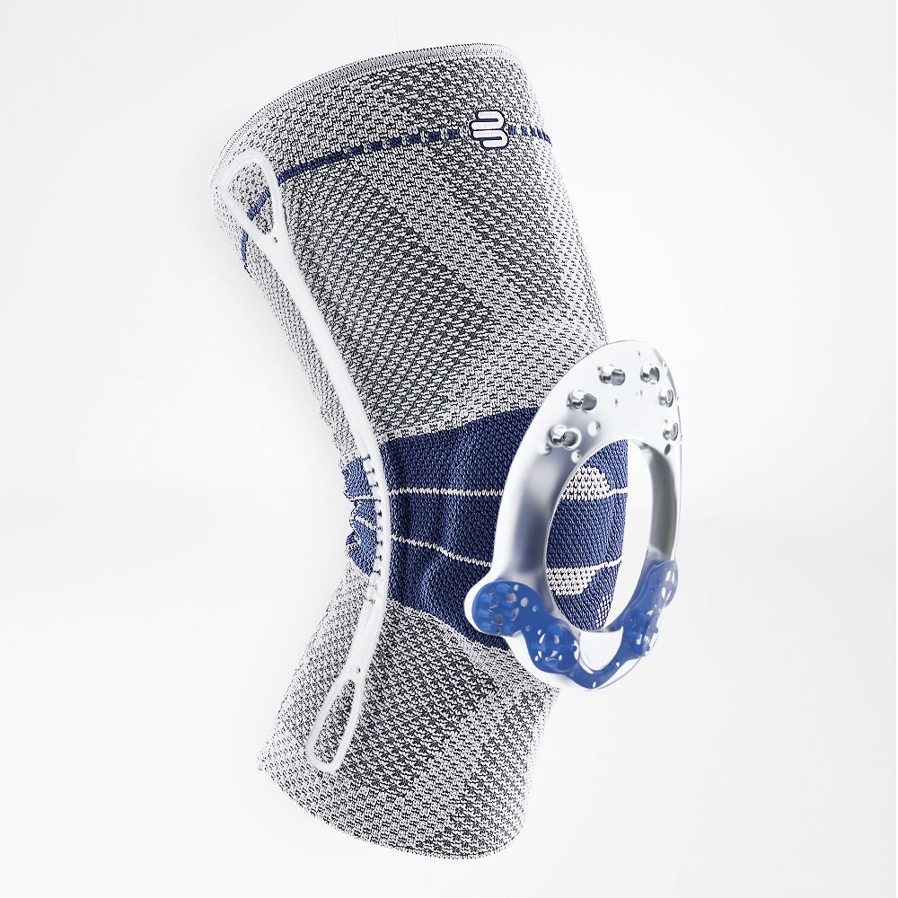 Kniebandage, blau-weiß. Mesh-Gewebe, seitliche Schienen, Logo. Blaue Akzente.