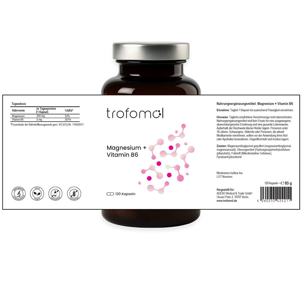 Braune Glasflasche mit weißem Etikett. Aufschrift: trofomol, Magnesium + Vitamin B6. Etikett mit Informationen.
