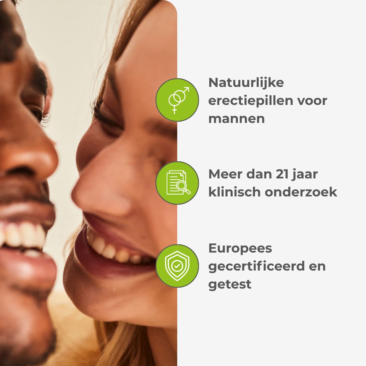 Twee mensen lachen. Tekst: Natuurlijke erectiepillen voor mannen, 21+ jaar klinisch onderzoek, Europees gecertificeerd.