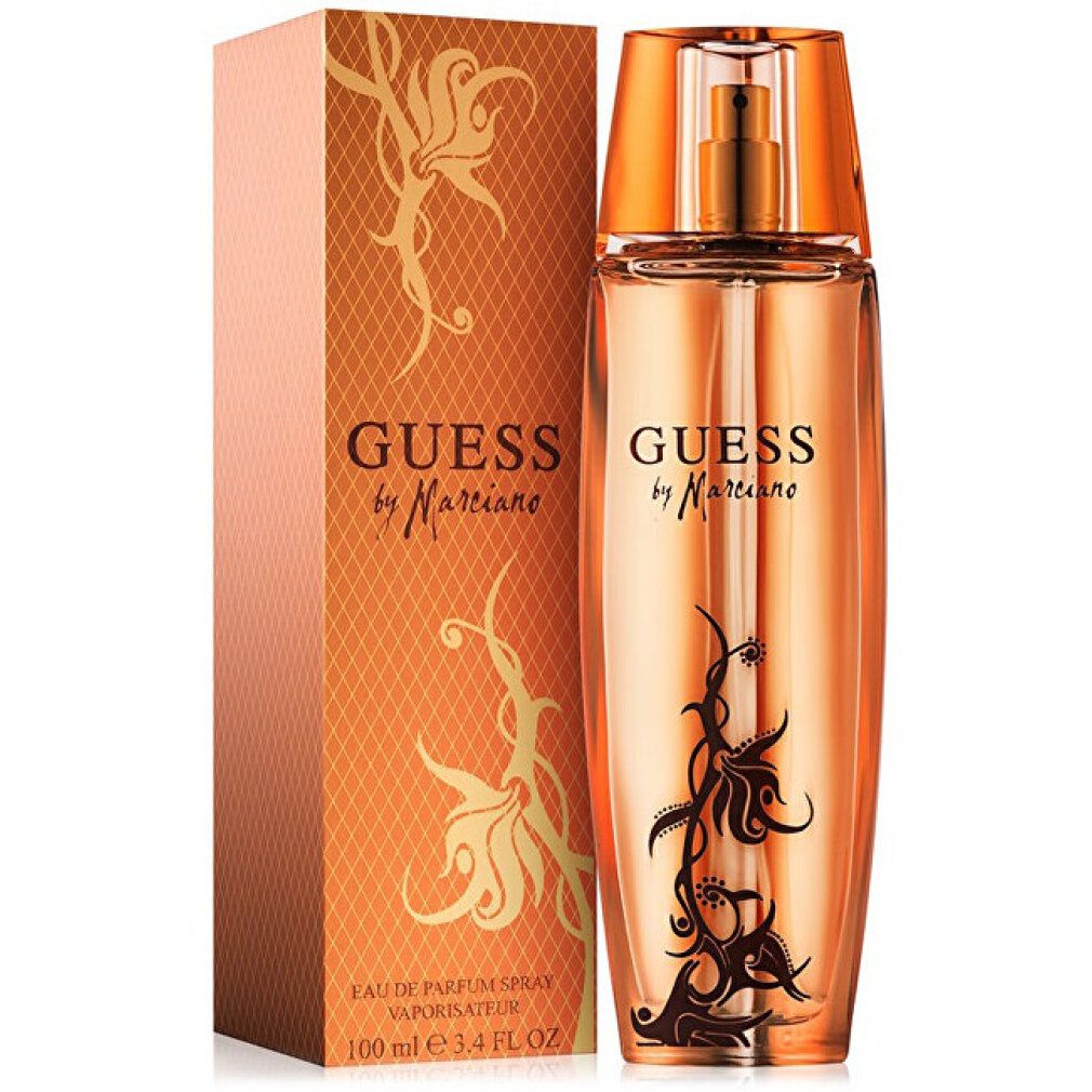 Parfümflasche und Verpackung. Aufschrift: Guess by Marciano. Goldfarbenes Design mit floralen Elementen.