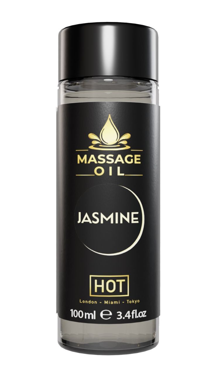 Massageöl-Flasche. Schwarzer Deckel, transparente Flasche mit Etikett. Text: Massage Oil Jasmine HOT.