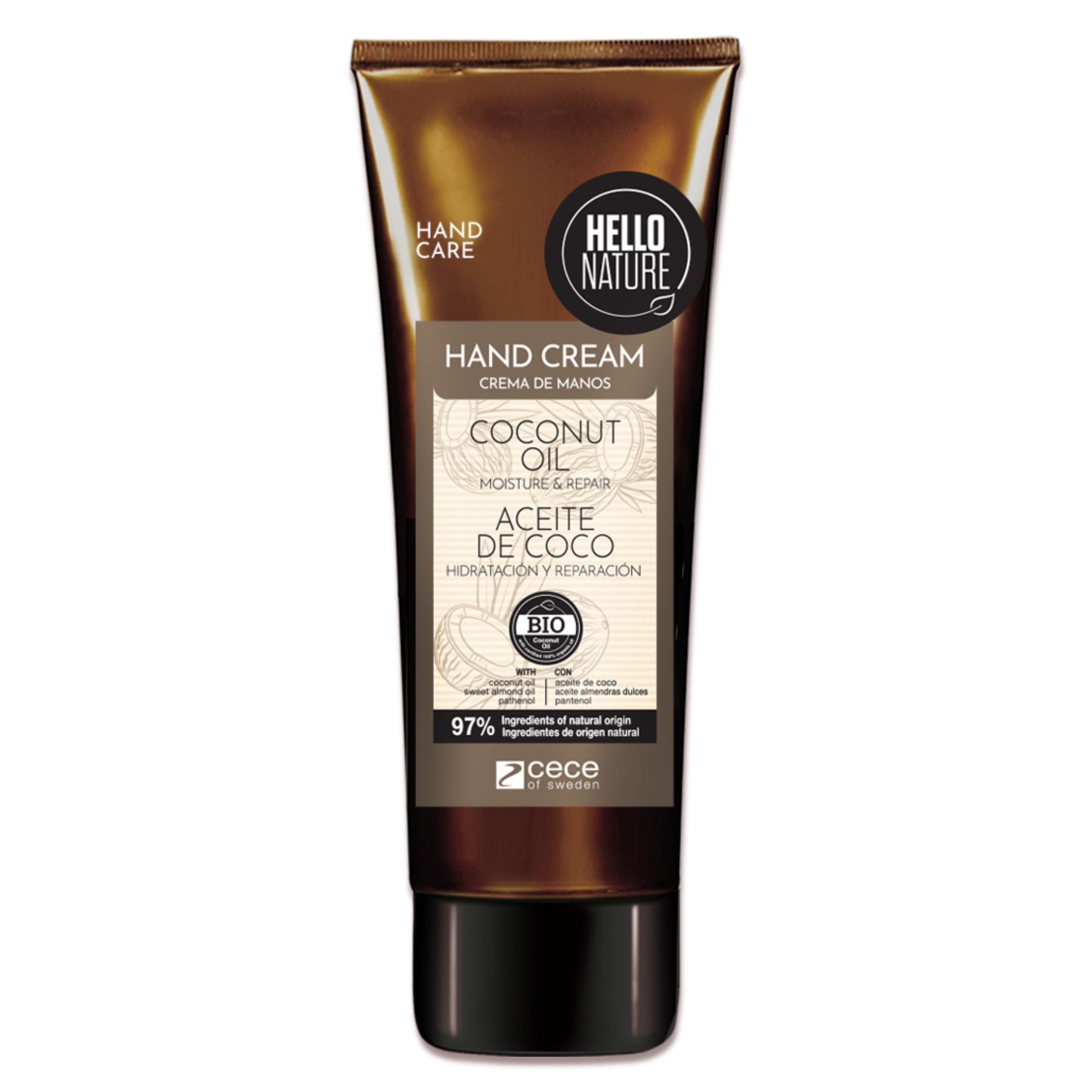 Handcreme-Tube mit Kokosöl-Aufdruck. BIO-Siegel. Text: Hand Care, Creme de Manos, Coconut Oil, Moisture & Repair, Aceite de Coco.