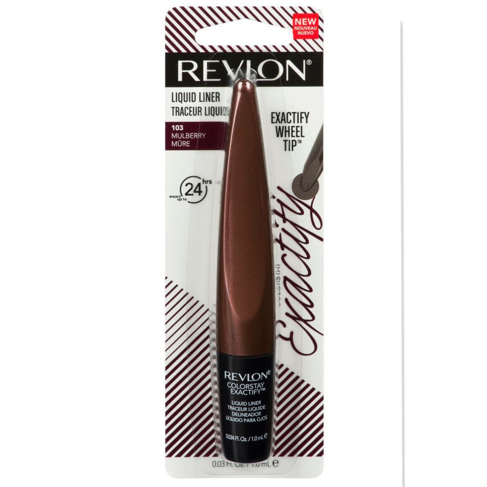 Revlon Colorstay Exactify Eyeliner in Verpackung. Dunkelbraune Flüssigkeit, schwarze Spitze. Aufschrift: Mulberry More.