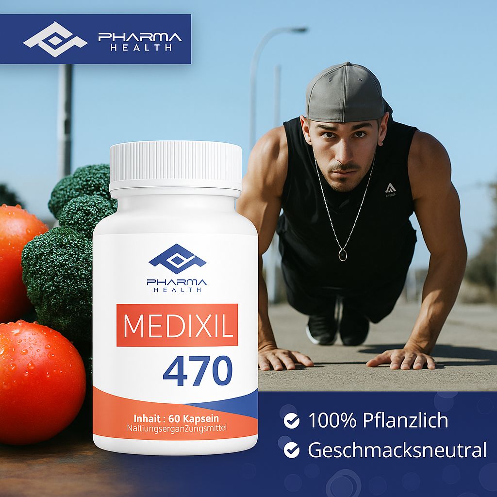 Weiße Flasche mit Kapseln, MEDIXIL 470. Pharma Health Logo. Text: Nahrungsergänzungsmittel. Mann beim Training.