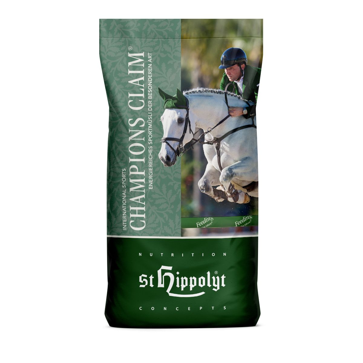 Verpackung von St. Hippolyt Champions Claim. Grün-weiße Tasche mit Logo, Text und einem Pferd mit Reiter im Sprung.