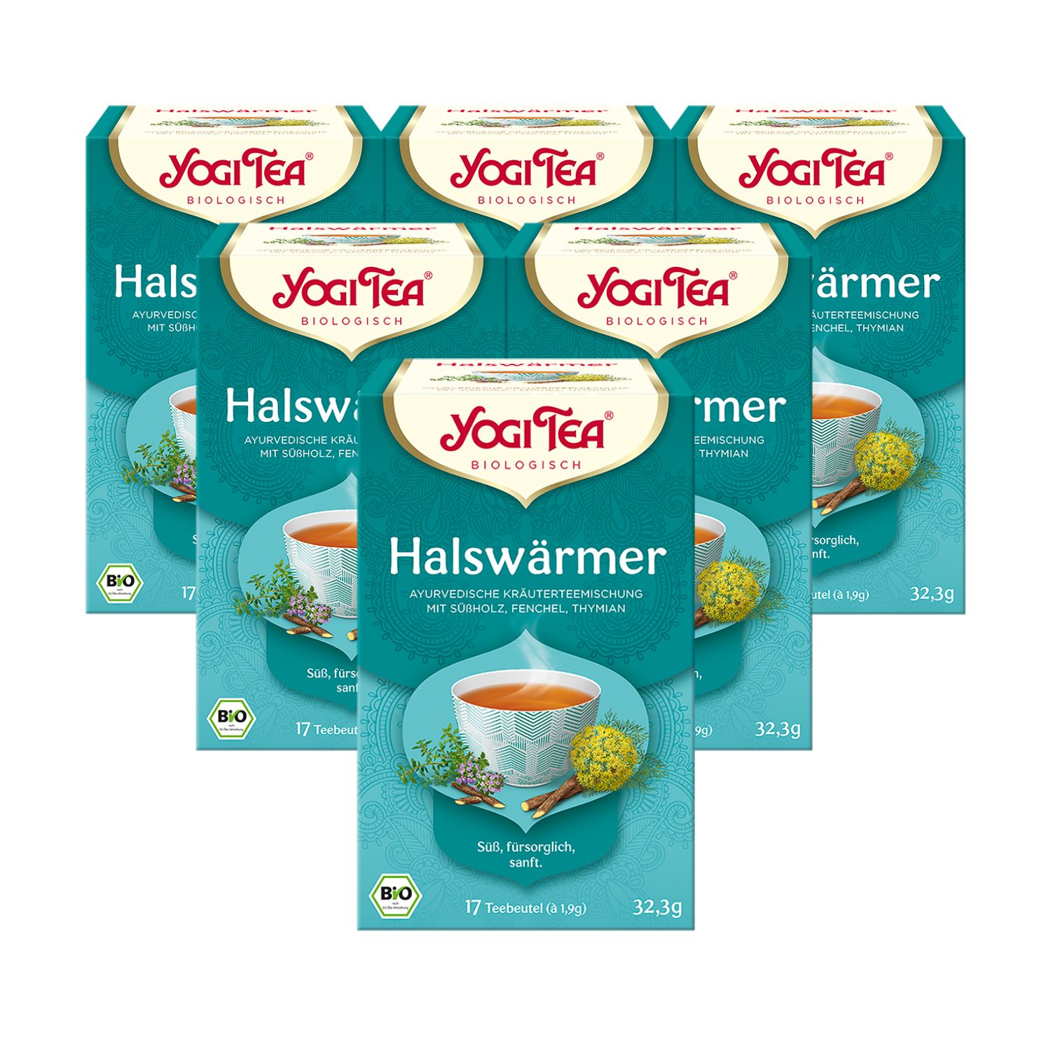 Mehrere Packungen Yogi Tea Halswärmer. Türkis-weiße Verpackung mit Logo und Produktbezeichnung. Bio-Siegel.