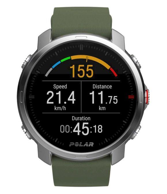 Smartwatch mit Display. Zeigt Geschwindigkeit, Distanz und Dauer. POLAR-Logo. Grünes Armband.