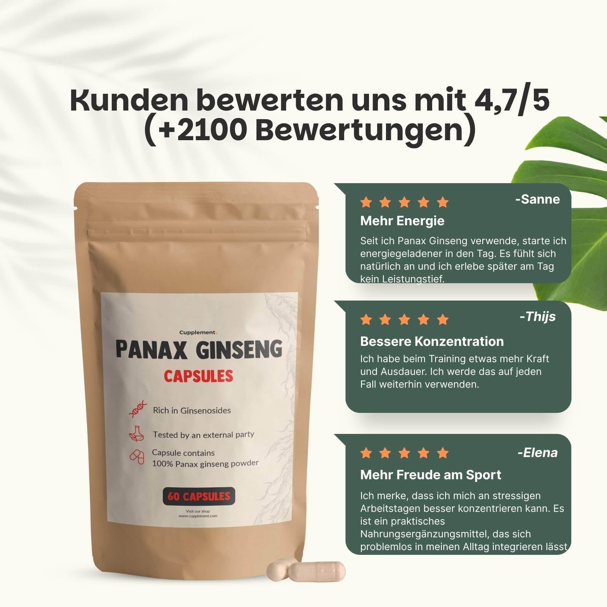 Beutel mit Kapseln. Text: Panax Ginseng Capsules. Kundenbewertungen. 4.7/5 Sterne. Zitate: Energie, Konzentration, Sport.