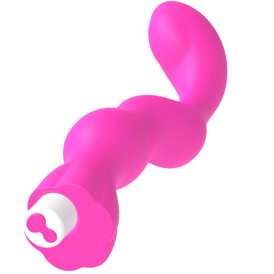Pinkfarbener Vibrator mit gewundener Form. Der Kopf und die Basis sind abgerundet. Das Ende ist weiß mit einer Öffnung.