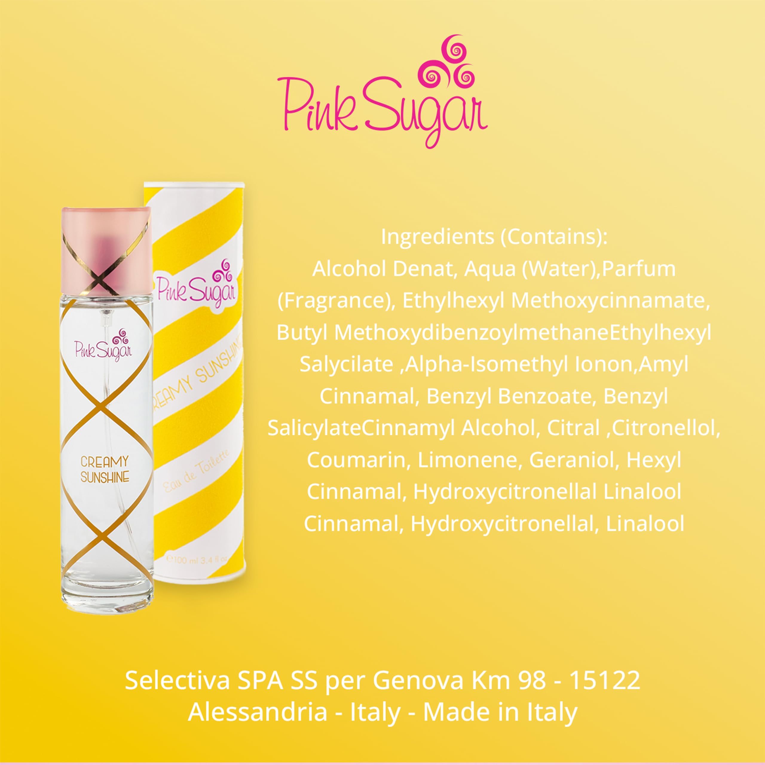 Glasflakon und Verpackung. Pink Sugar Logo und Produktname. Zutatenliste und Herstellerinformationen.