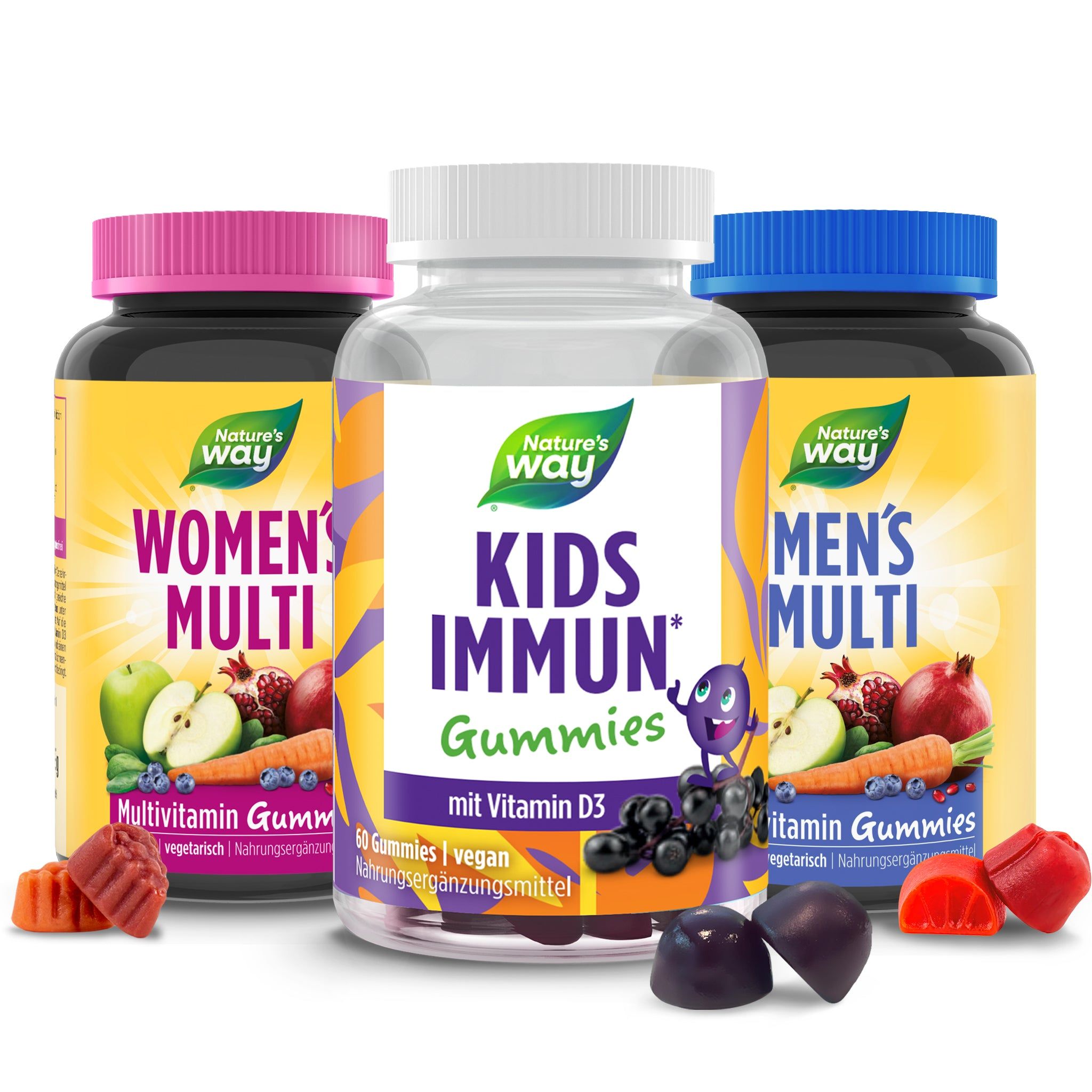Drei Flaschen Gummibärchen: Women's Multi, Kids Immun, Men's Multi. Vegetarisch. Mit Obst und Gemüse.