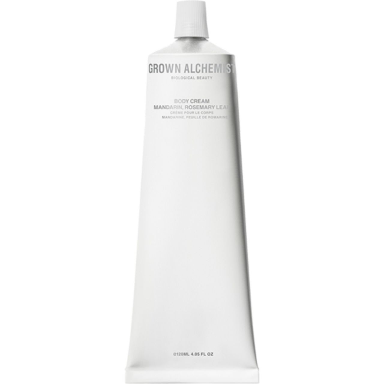 Weiße Tube mit Schriftzug 'Grown Alchemist'. Produktbezeichnung 'Body Cream Mandarin & Rosemary Leaf'.