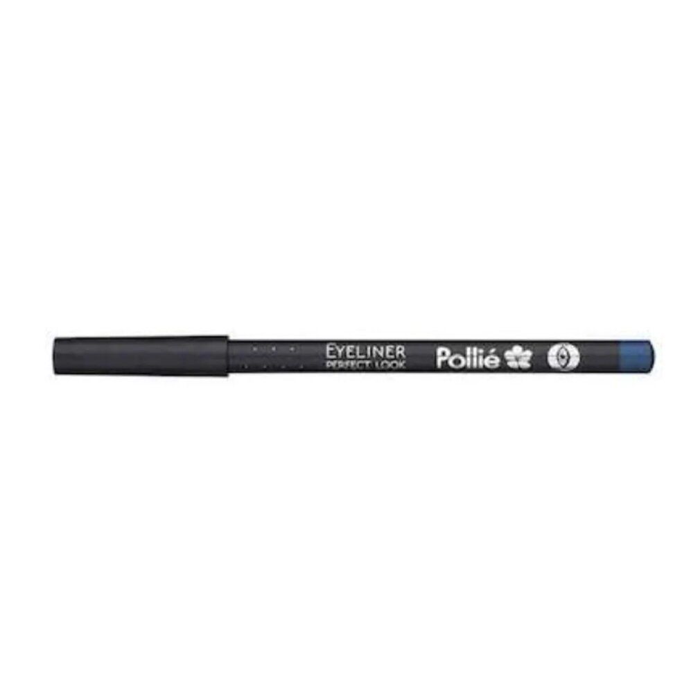 Blauer Eyeliner-Stift. Schwarzer Stift mit Aufschrift 'Eyeliner Perfect Look'. Marke: Pollié.