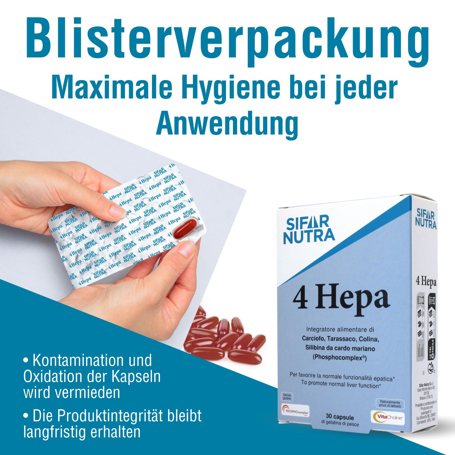 Hände halten Blisterpackung mit Kapseln. Box Sifar Nutra 4 Hepa. Text: Maximale Hygiene bei jeder Anwendung.