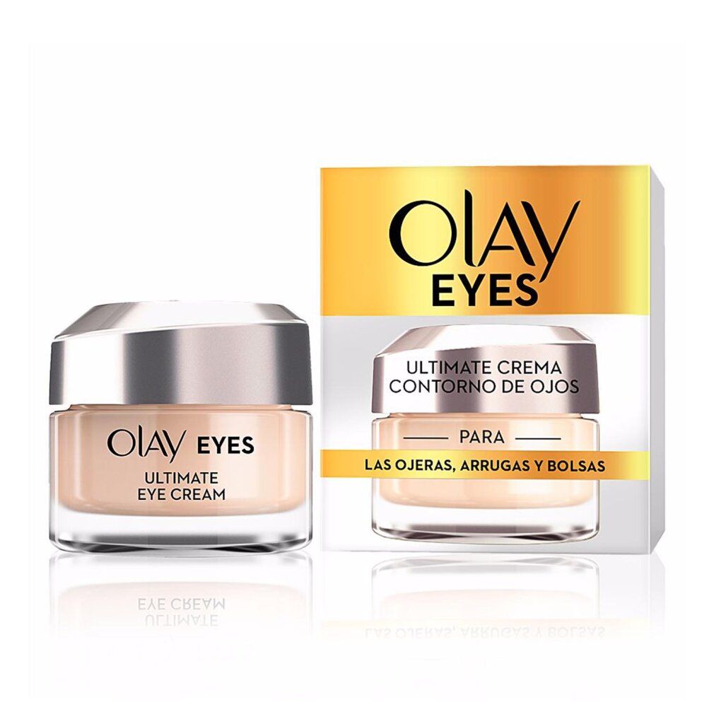Olay Eyes Ultimate Eye Cream. Creme-Glas mit silbernem Deckel und Karton. Text: Olay Eyes, Ultimate Eye Cream, Contorno de Ojos.