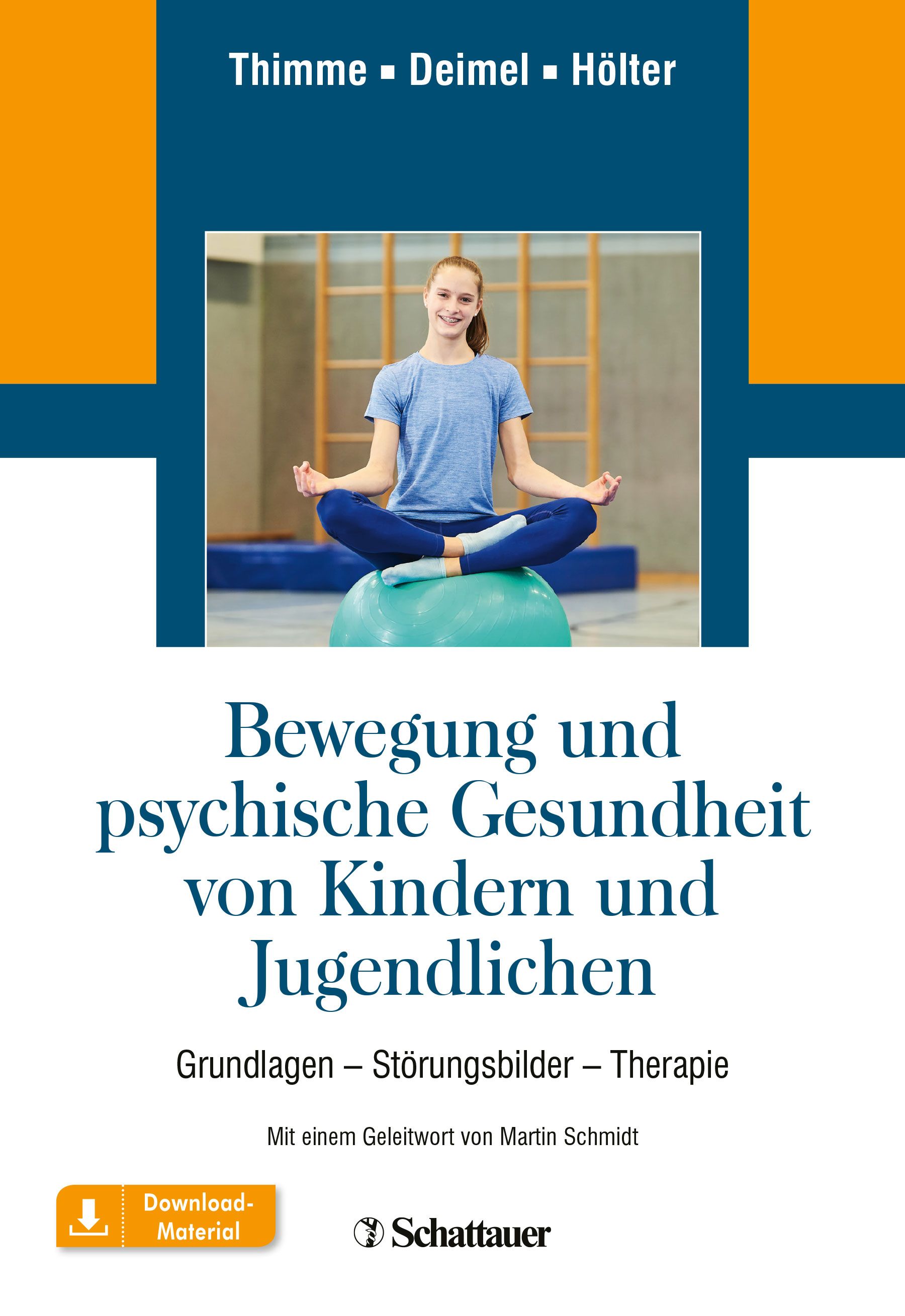 Buchcover mit Titel: Bewegung und psychische Gesundheit von Kindern und Jugendlichen. Eine junge Frau sitzt auf einem Gymnastikball.