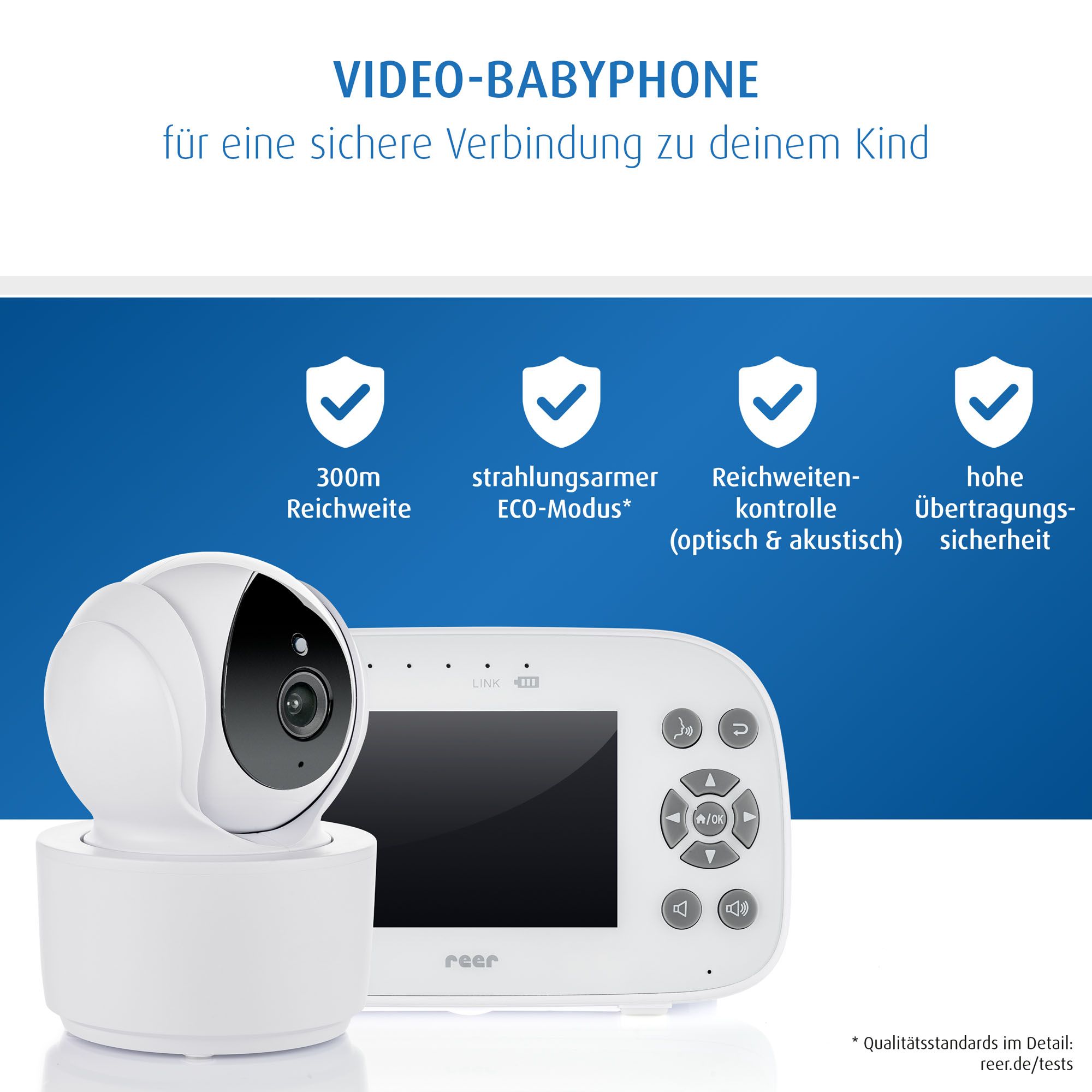 Babyphone mit Kamera und Monitor. Reichweite 300m, ECO-Modus, Gegensprechfunktion.
