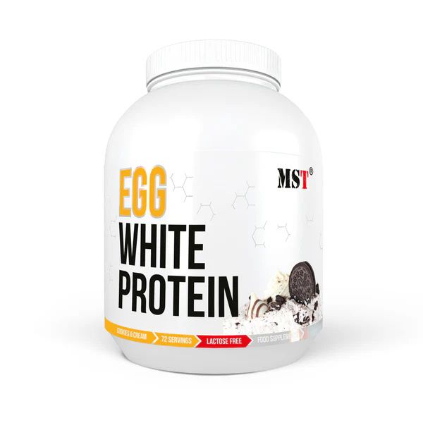 Weiße Dose mit Aufschrift EGG WHITE PROTEIN. Logo MST. Abbildung von Keksen und Sahne. 72 Portionen, laktosefrei.