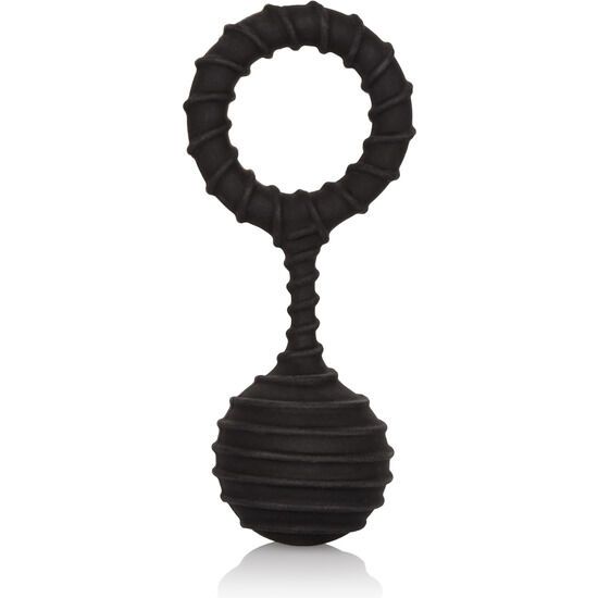 Schwarzer, gewichteter Ring mit Kugel. Ringförmiger Griff, Kugel mit Rillen. Aus Silikon.