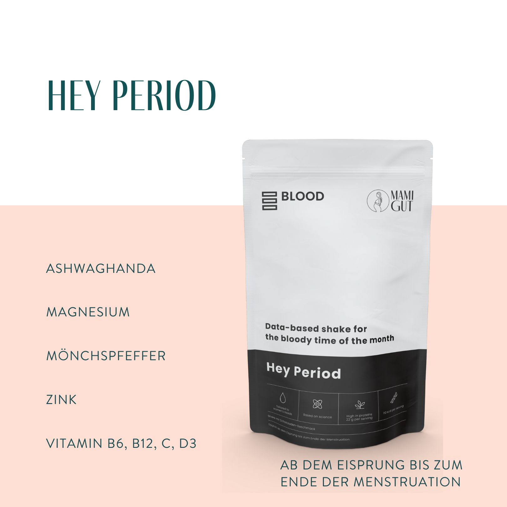 MamiGut Hey Period Nahrungsergänzungsmittel mit Zink, Magnesium, Vitamin B6 und Mönchspfeffer 450 g Pulver