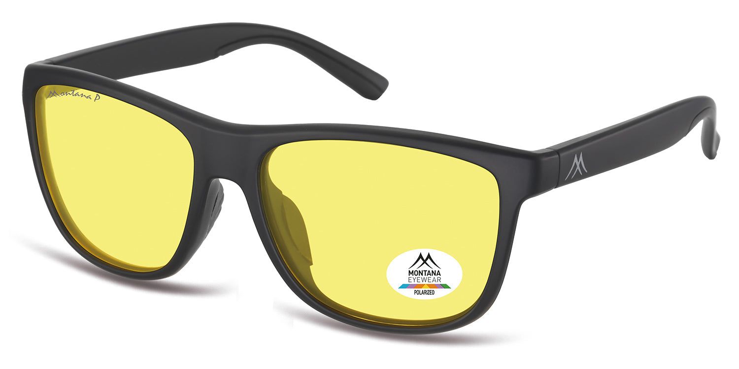 Schwarze Sonnenbrille mit gelben Gläsern. Montana Eyewear Logo und Polarisations-Aufkleber. Rechteckige Form.