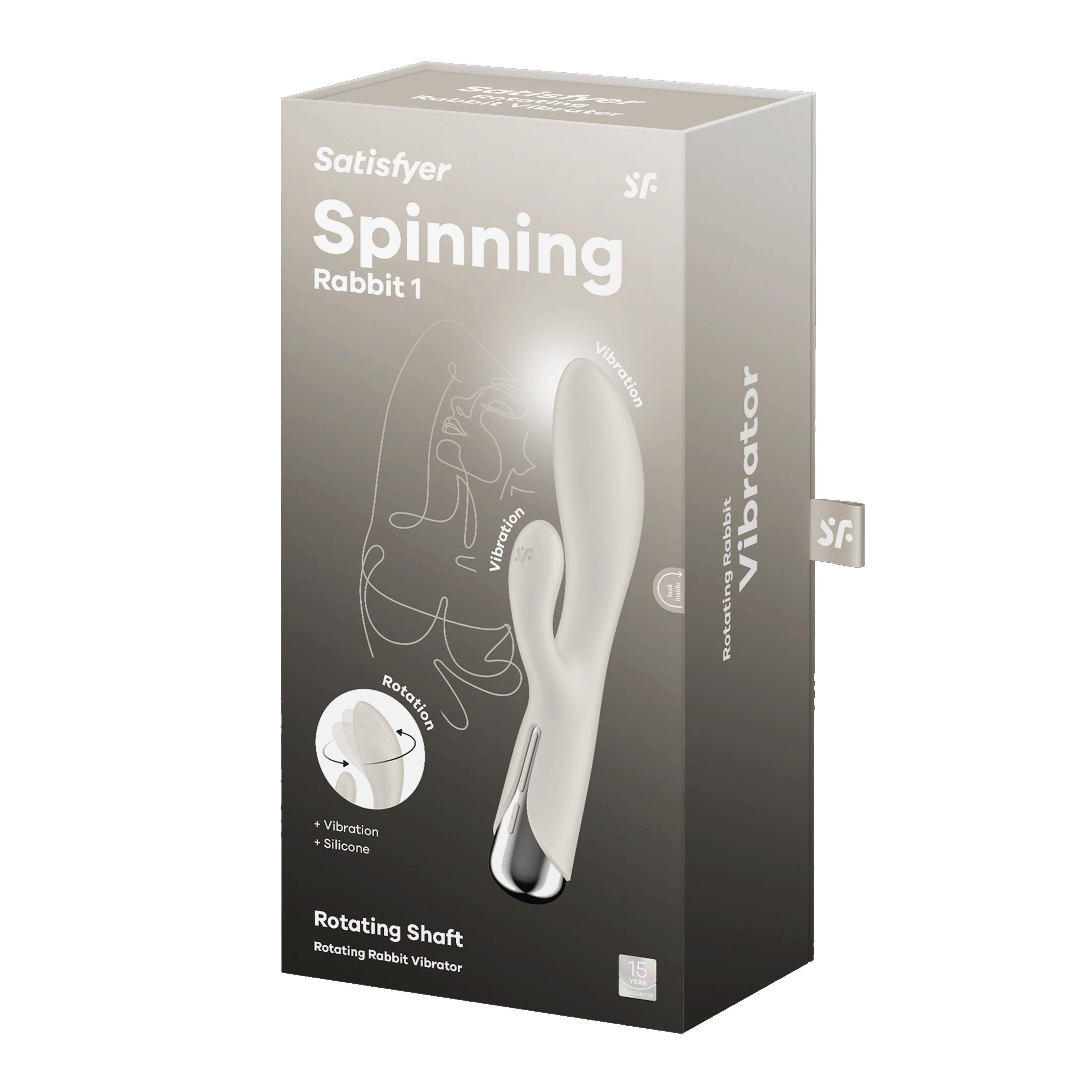 Verpackung von Satisfyer Spinning Rabbit 1. Produktabbildung. Text: Vibration + Rotation.