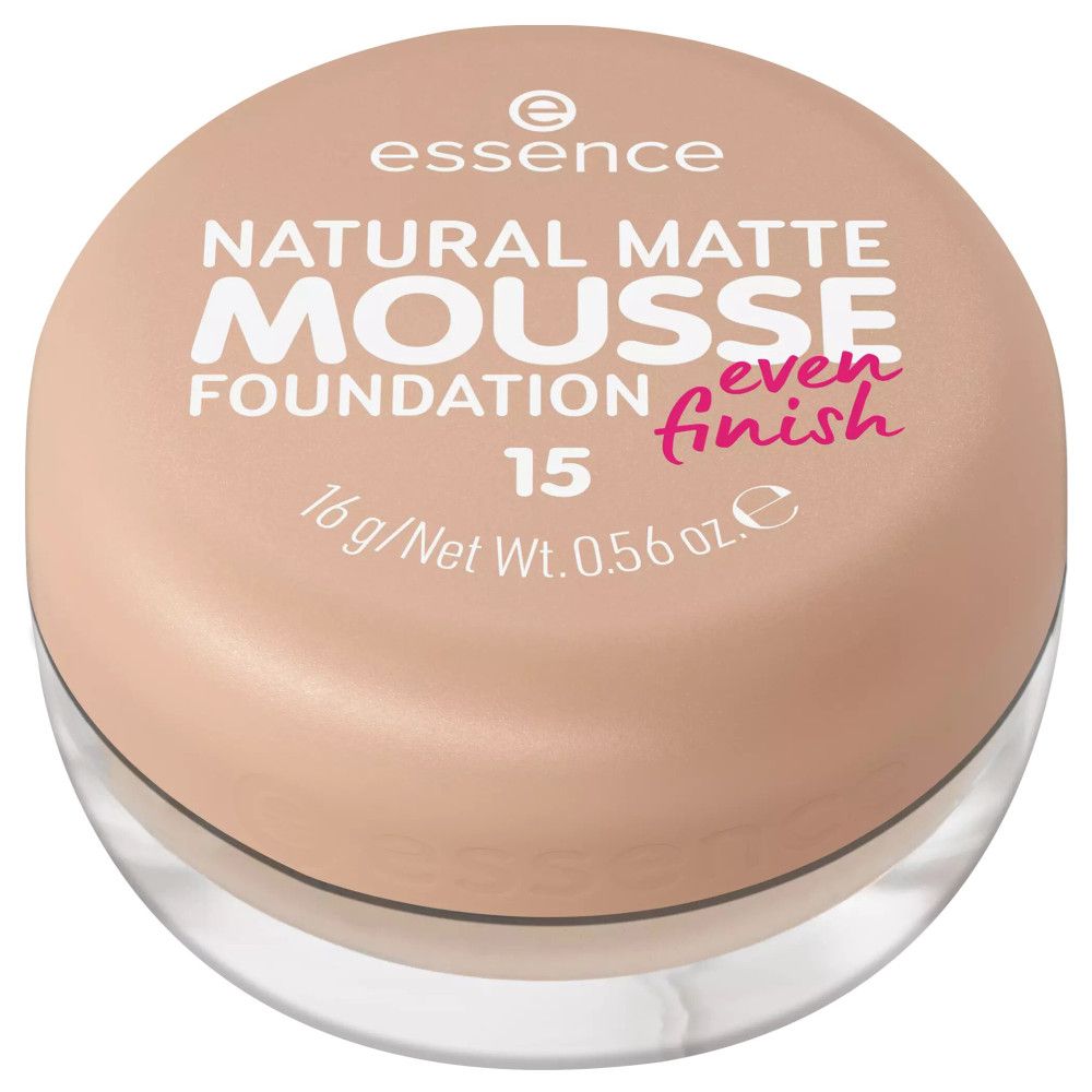Runder, beigefarbener Tiegel mit Deckel. Aufschrift: Essence Natural Matte Mousse Foundation 15. Inhalt: 16 g / Net Wt. 0.56 oz.