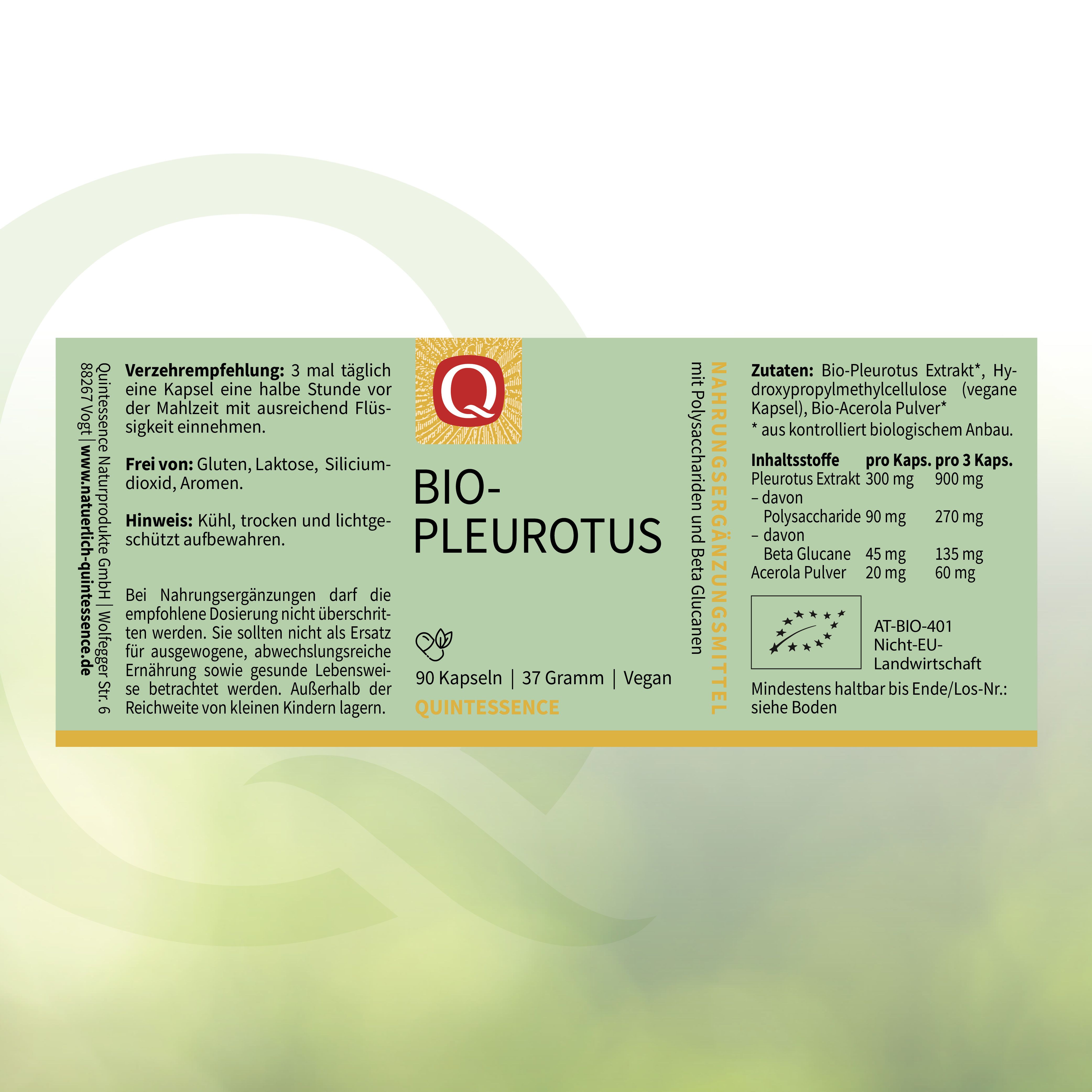 Packung mit 90 Kapseln BIO-PLEUROTUS, 37 Gramm, vegan. Enthält Pleurotus Extrakt, Beta Glucan und Acerola Pulver.