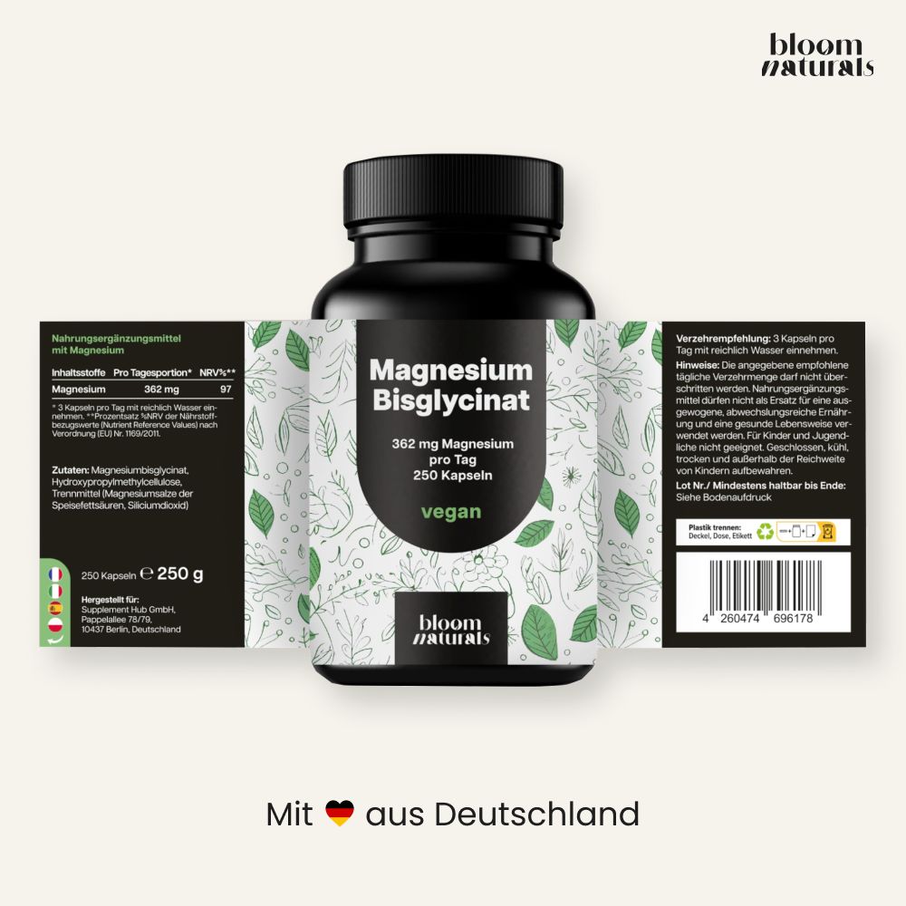 Dose Magnesium Bisglycinat mit aufgeklappten Seitenetiketten. Hergestellt in Deutschland.