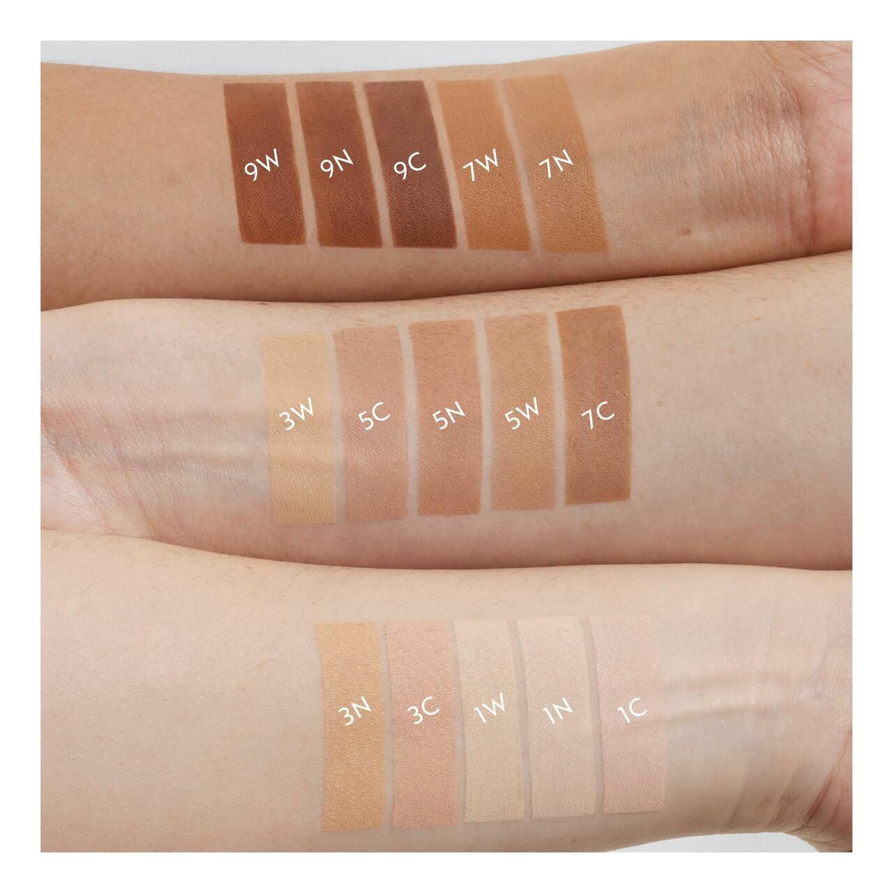 Arme mit Foundation-Swatches in verschiedenen Farbtönen. Beschriftungen mit Nummern und Buchstaben.