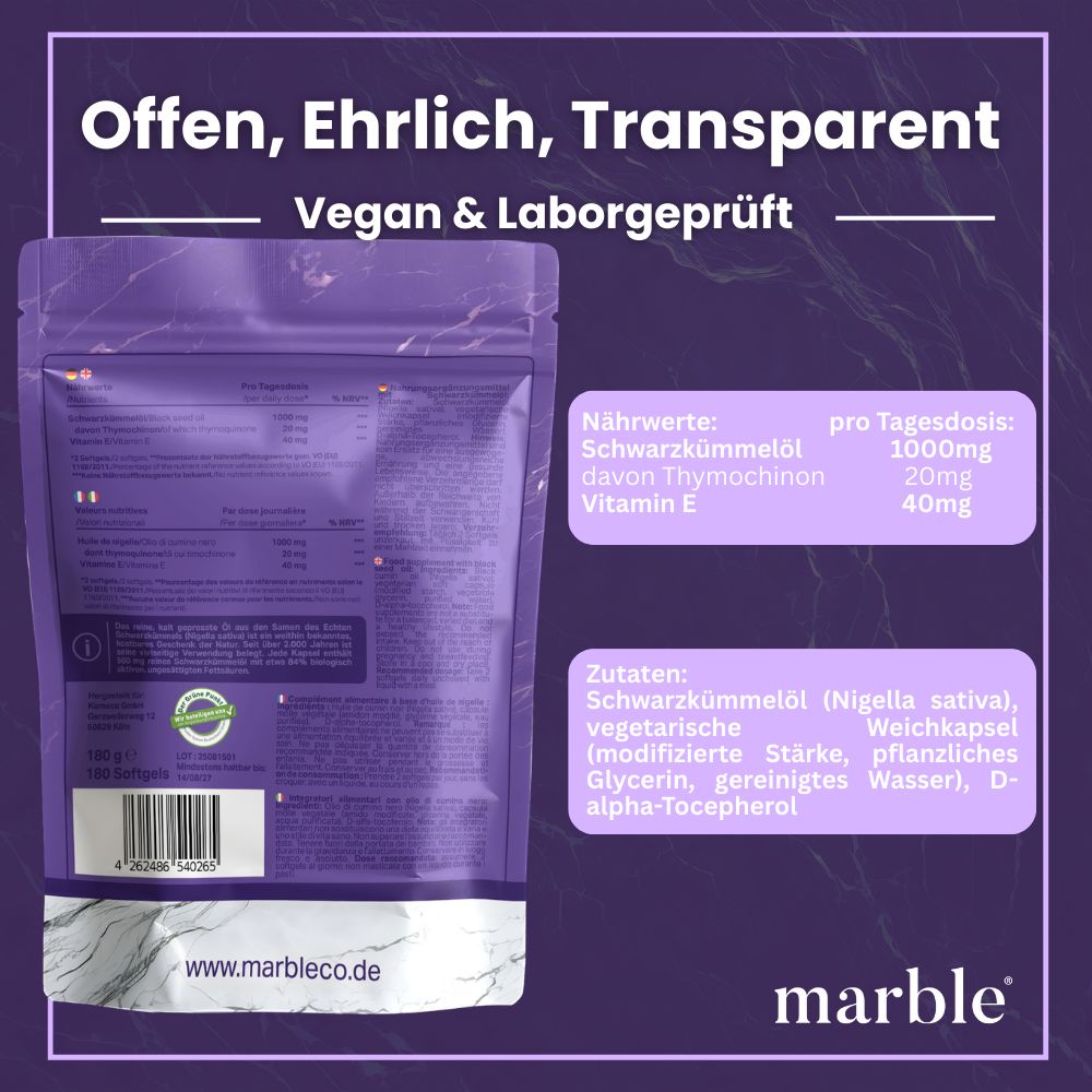 Rückseite der Verpackung. Text: marble Schwarzkümmelöl. Nährwerte, Zutaten, 180 Softgels. Vegan & laborgeprüft. www.marbleco.de.
