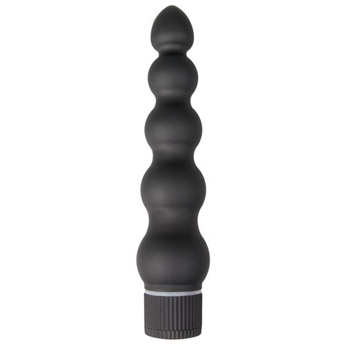 Schwarzer Vibrator mit geriffelter Basis und länglicher, geriffelter Form. Oben abgerundet.