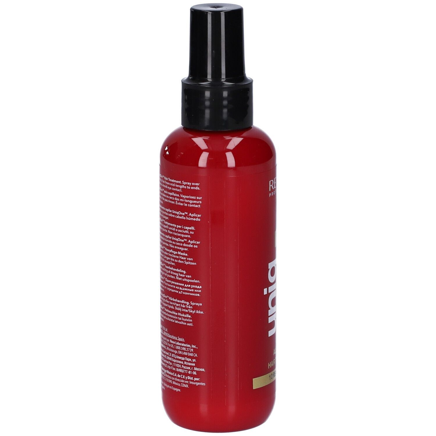 Rote Flasche mit schwarzem Sprühkopf. Rückseite mit Text. Aufschrift: Uniq One, Hair Treatment.