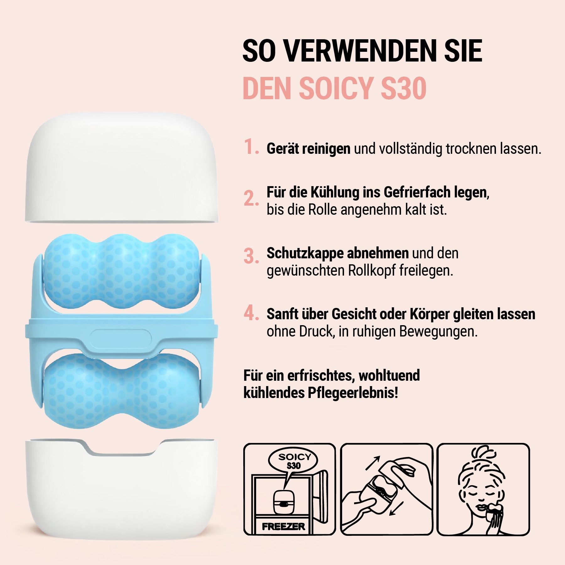 Anleitung zur Verwendung des blauen Ice-Rollers. SOICY-Logo. Schritte: Reinigen, kühlen, verwenden.