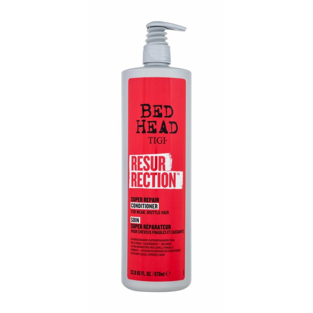 Graue Flasche mit rotem Etikett. Bed Head Tigi Resurrection Conditioner. Mit Pumpe. Text auf Englisch und Französisch.