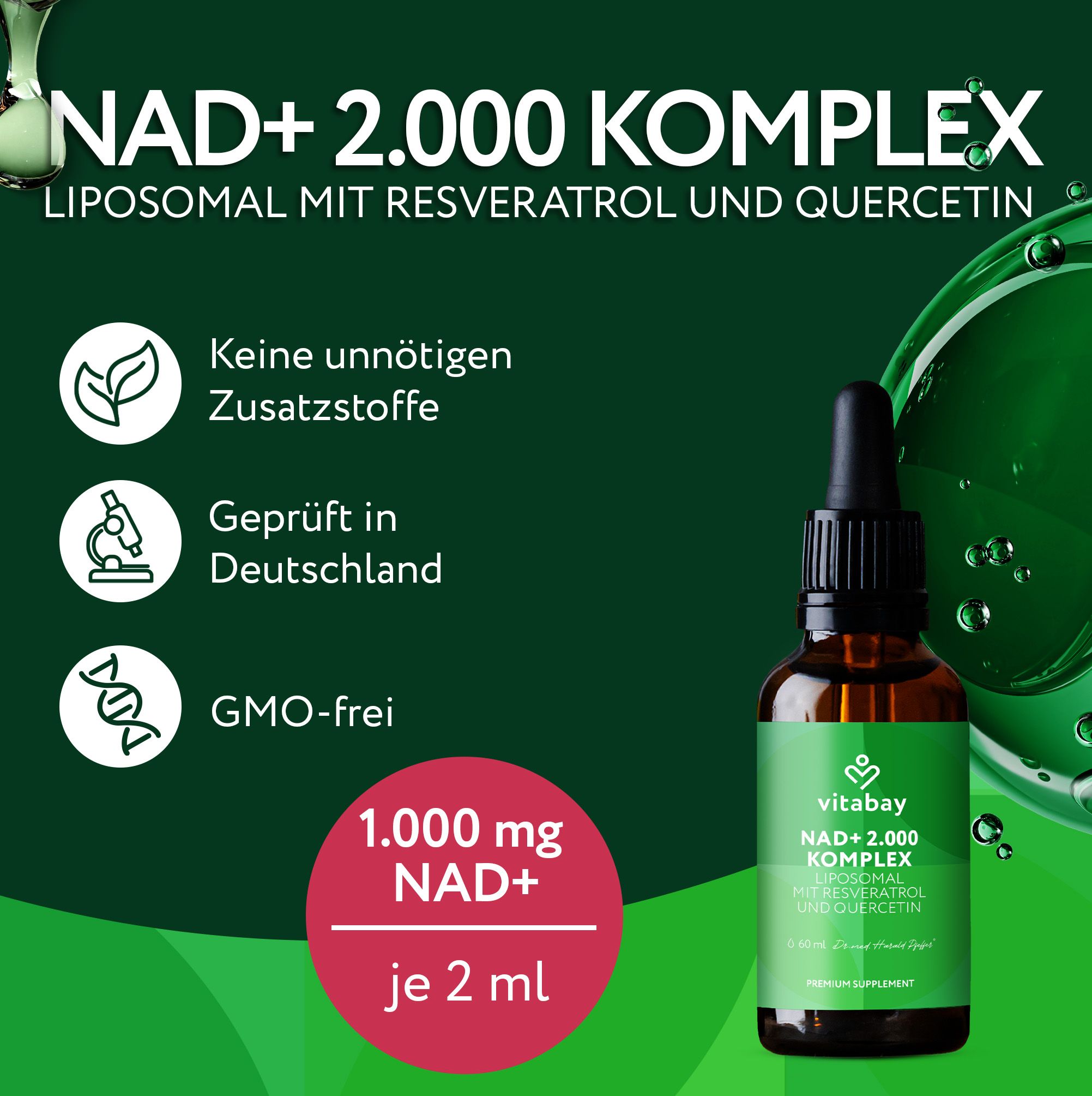 Braune Glasflasche mit Pipette, enthält NAD+ 2.000 Komplex mit Resveratrol und Quercetin. 1.000 mg NAD+ je 2 ml.
