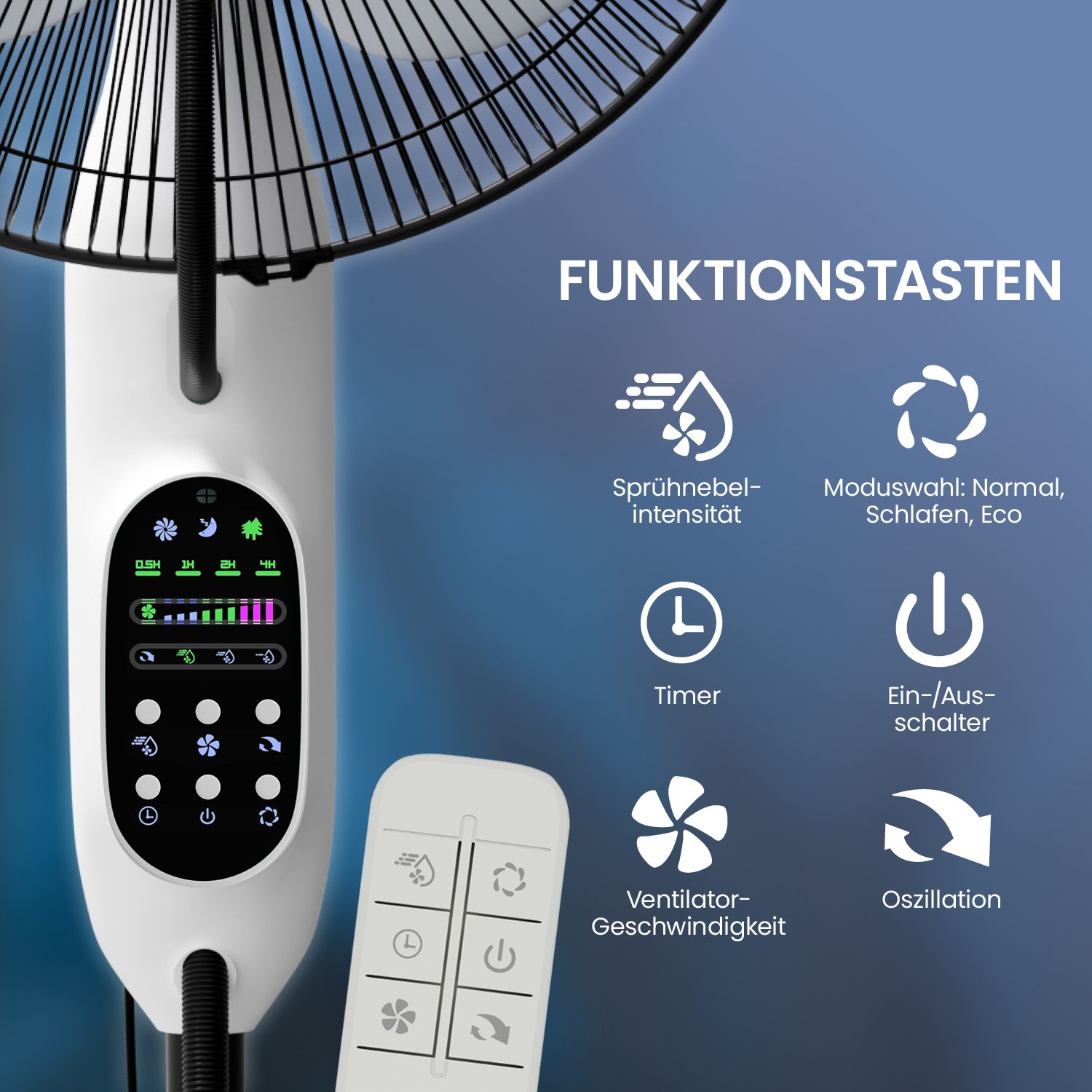 aktimeo Standventilator mit Luftbefeuchtung, Timer, Wassertank, Nebelfunktion