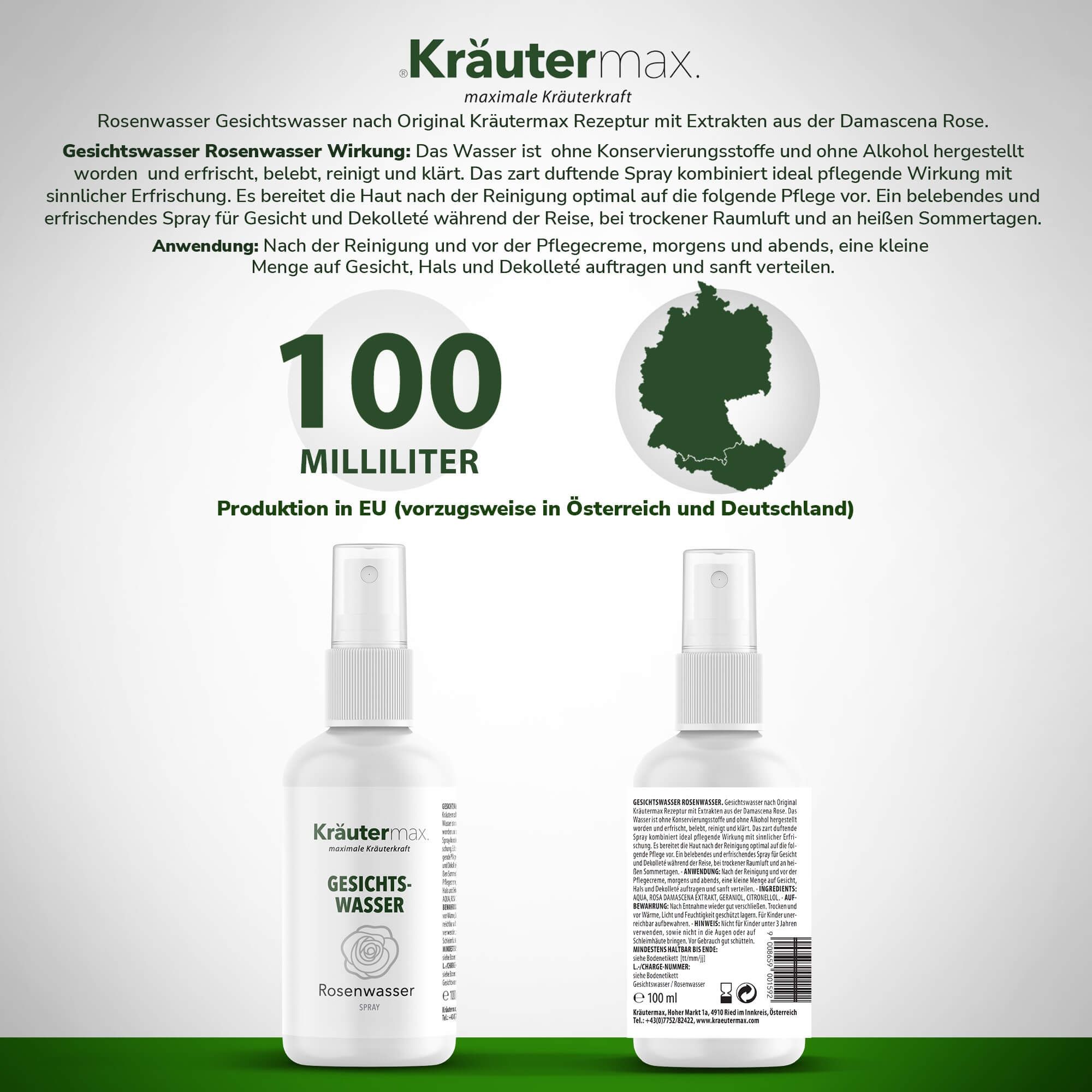 Drei weiße Sprühflaschen mit "Gesichtswasser Rosenwasser"-Aufdruck. Text über Inhaltsstoffe und Herkunft. "Kräutermax" Logo.