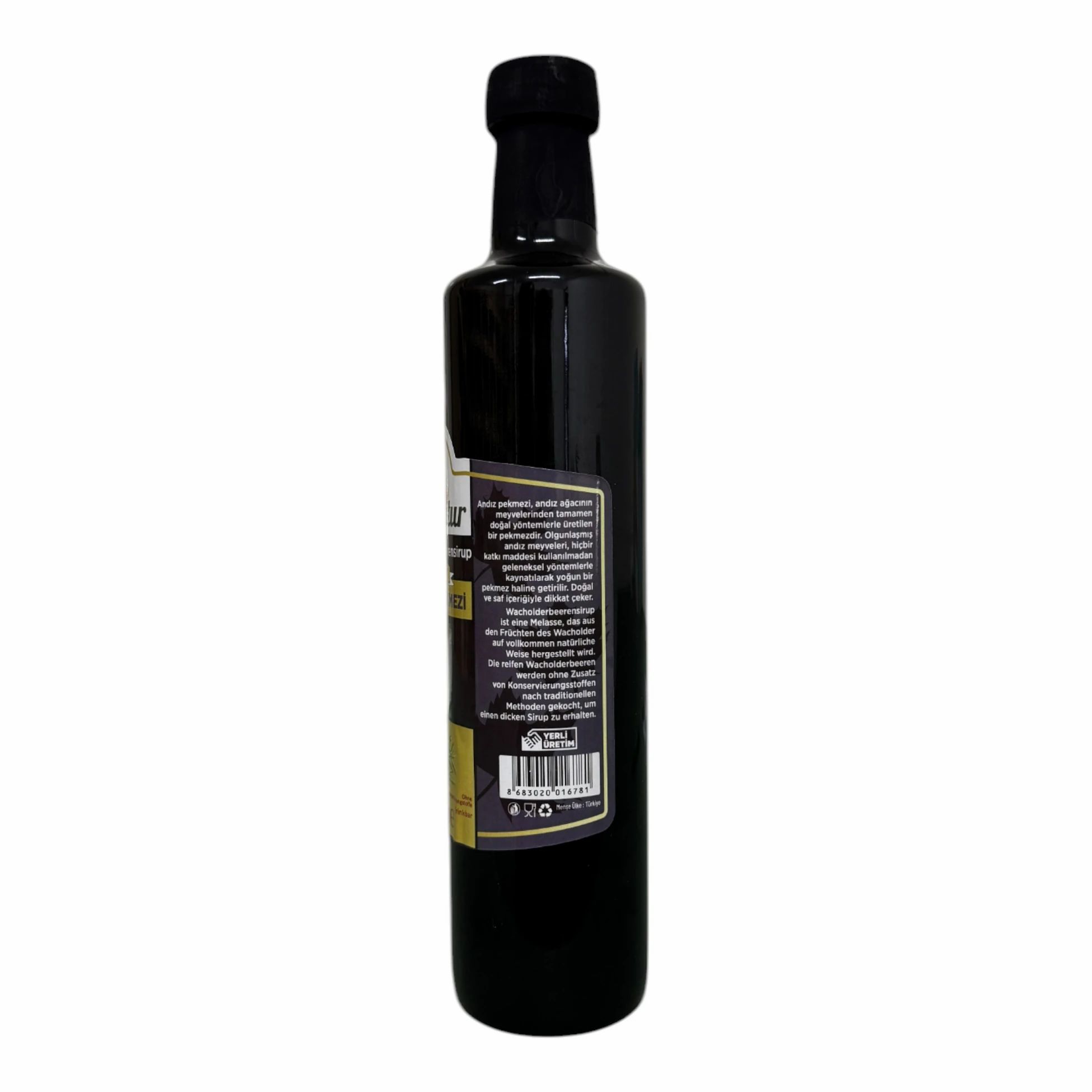 Dunkle Glasflasche mit schwarzem Verschluss. Etikett mit Text und Barcode.