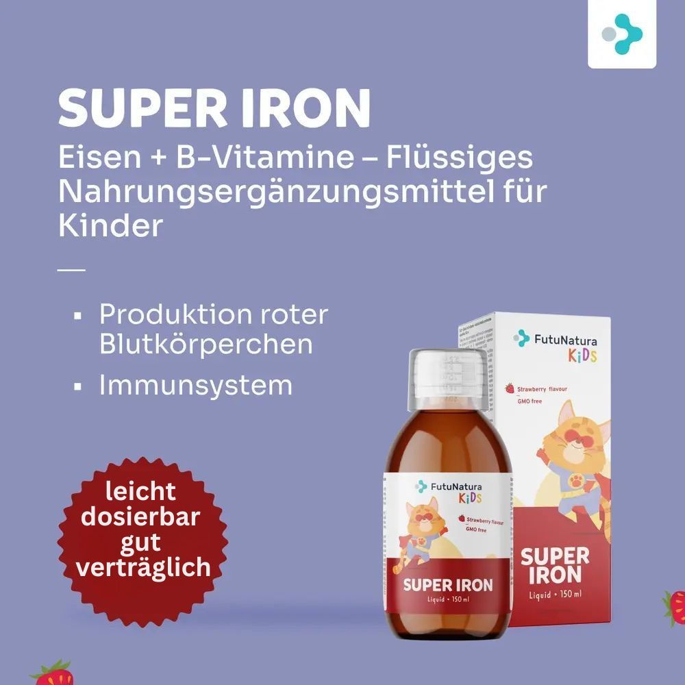 Flasche und Verpackung von Super Iron. Text: Eisen + B-Vitamine - Flüssiges Nahrungsergänzungsmittel für Kinder. Runder Aufkleber: leicht dosierbar gut verträglich.